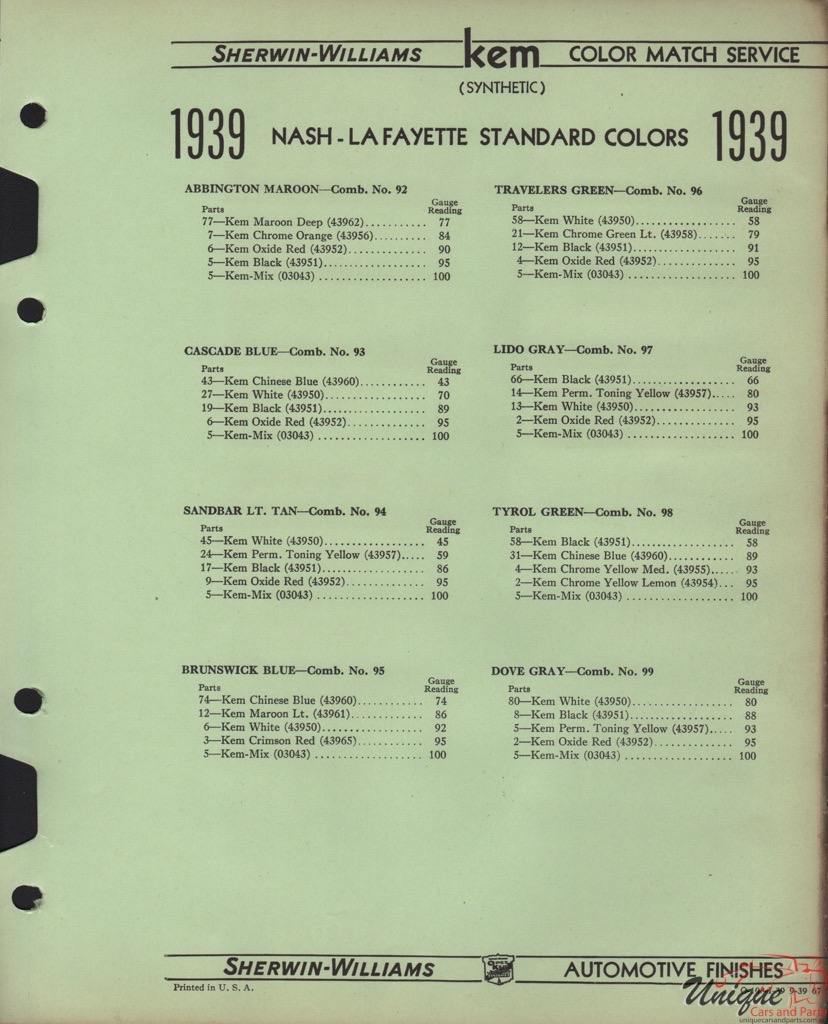1939 Nash Paint Charts Williams 3